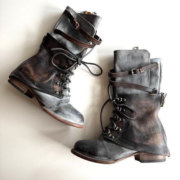 Freebird by Steven Ravi Double Layer Steampunk Lace and Strap Side Zip Boots 6 - Picture 2 of 9